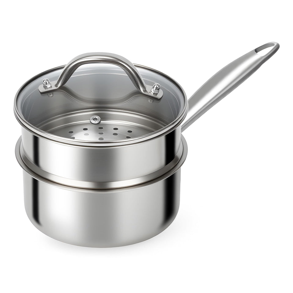 Ohtomber tri-ply 1.5-quart pan with lid on for easy heat monitoring.