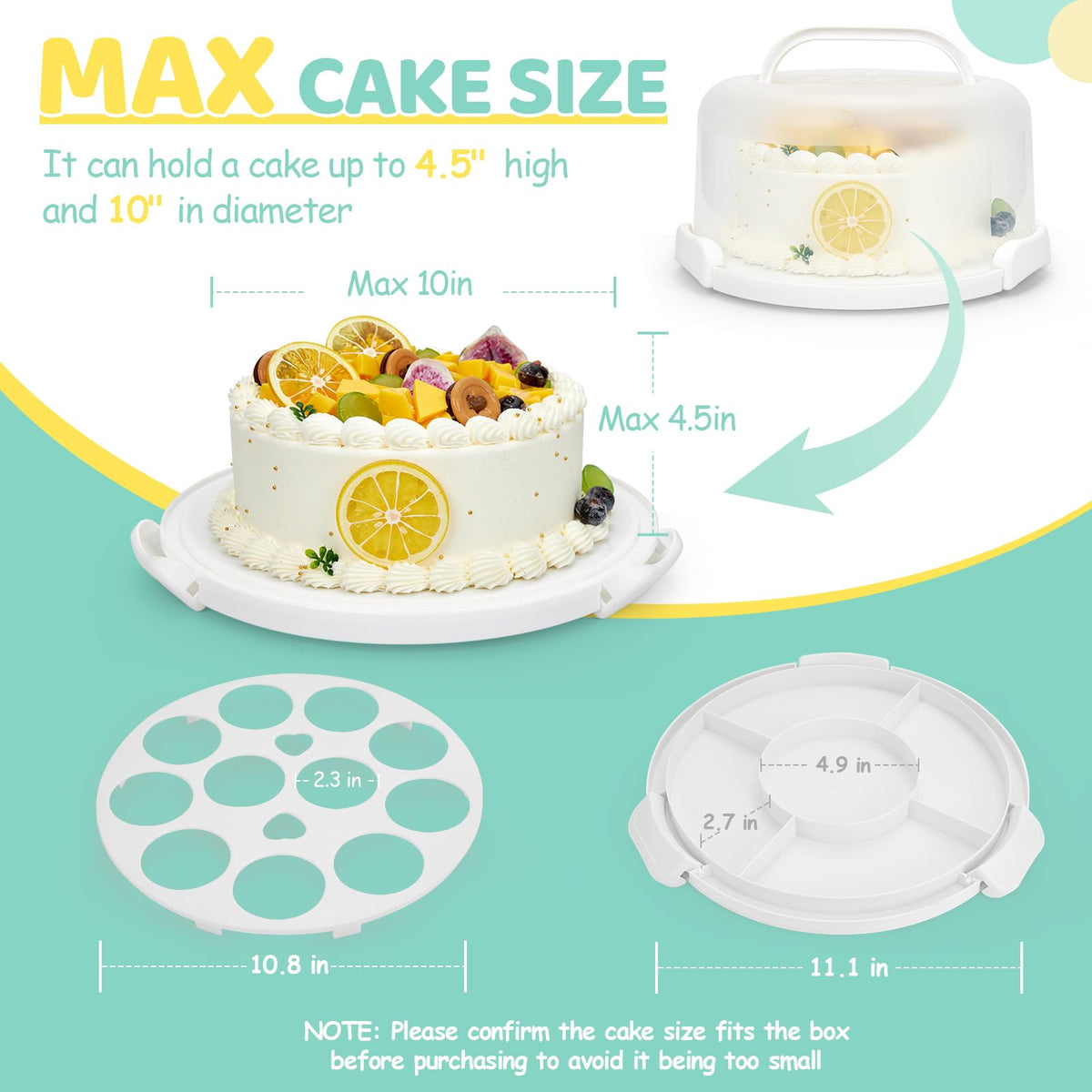 Ohuhu cake tray inside keeps cake centered and maximizes space for extras.