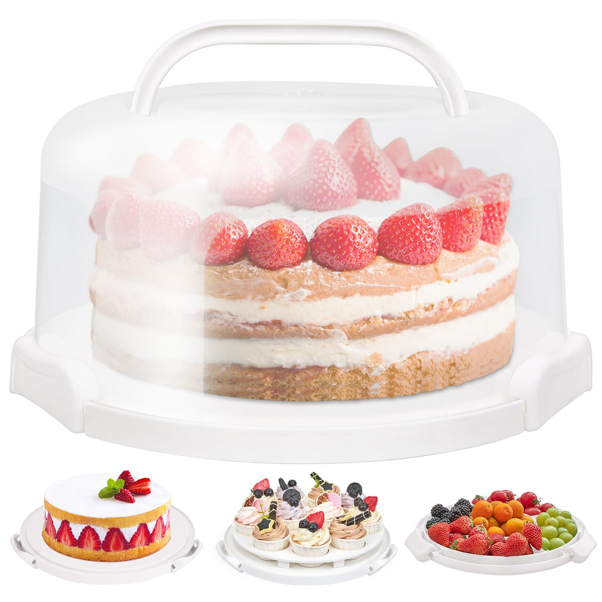 Ohuhu cake container with lid and handle for secure transport of a 10-inch cake.