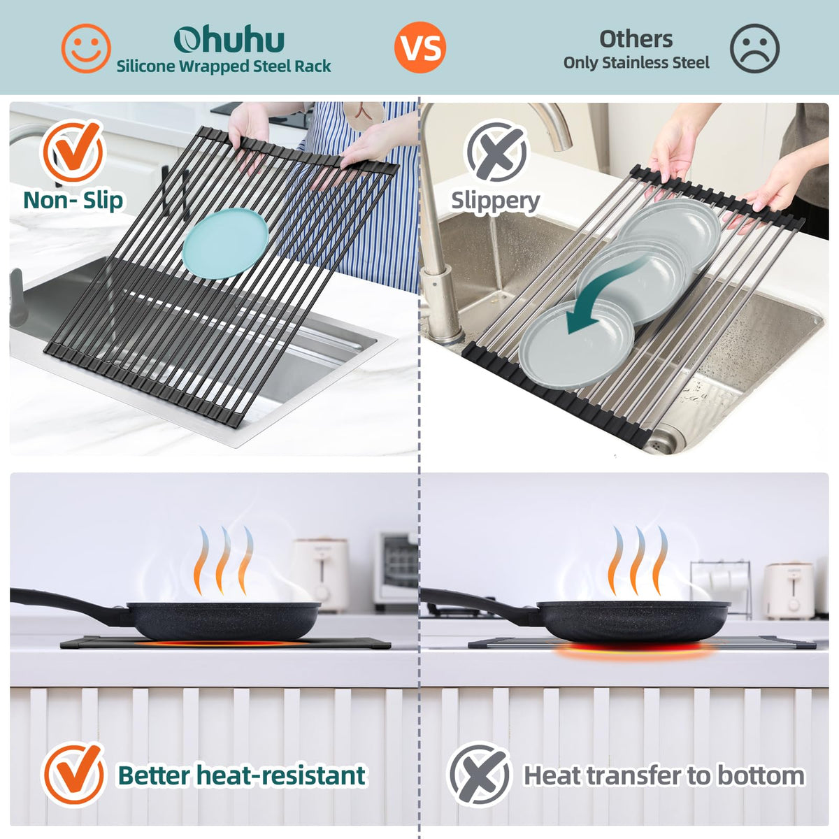 Ohuhu multi-purpose rack dries dishes, bottles, knives, and produce effectively.