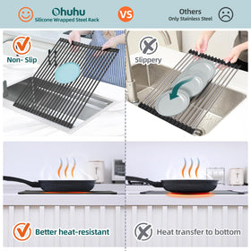 Ohuhu multi-purpose rack dries dishes, bottles, knives, and produce effectively.