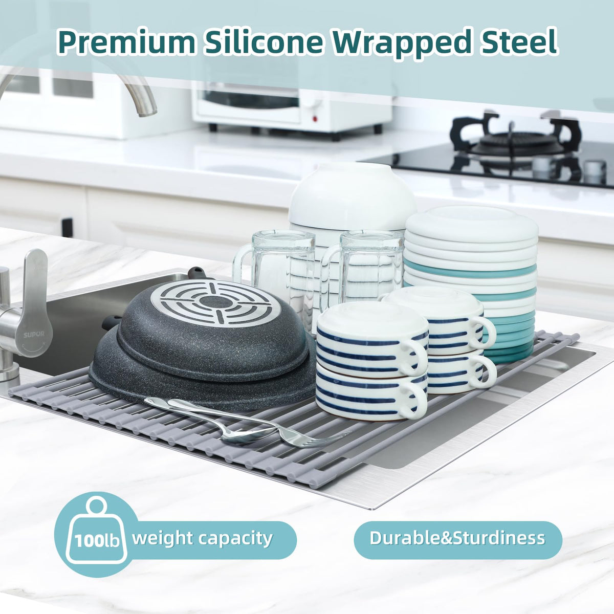 Ohuhu non-slip silicone grip keeps dishes secure during drying.