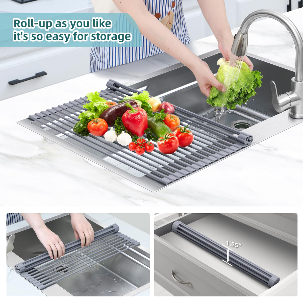 Ohuhu produce-wash setup shows the rack aiding rinsing and drying.