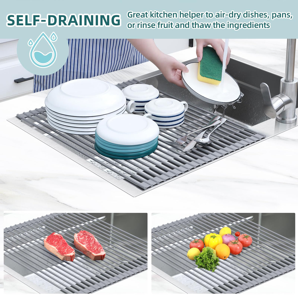 Ohuhu roll-up dish drainer folded for compact storage and quick access.