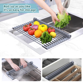 Ohuhu roll-up drying rack over sink ready for use while washing produce