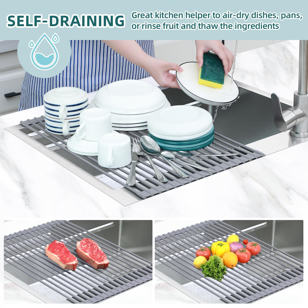 Ohuhu roll-up sink mat provides flexible drying surface and easy storage.