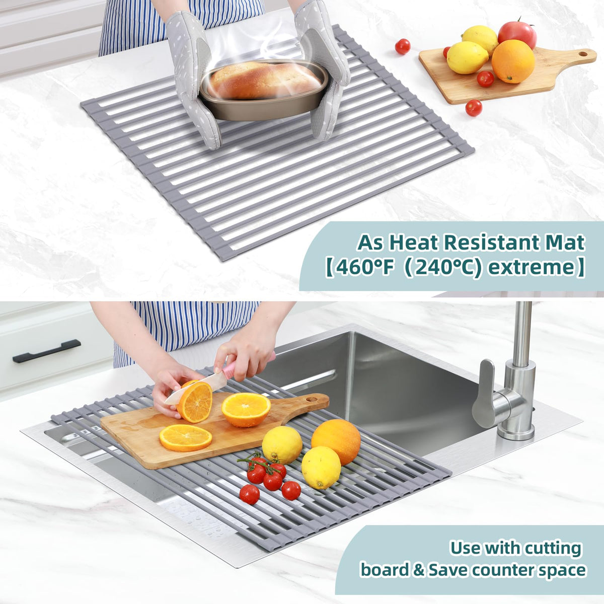 Ohuhu silicone-coated dish drying rack offers non-slip support for clean, dry dishes.