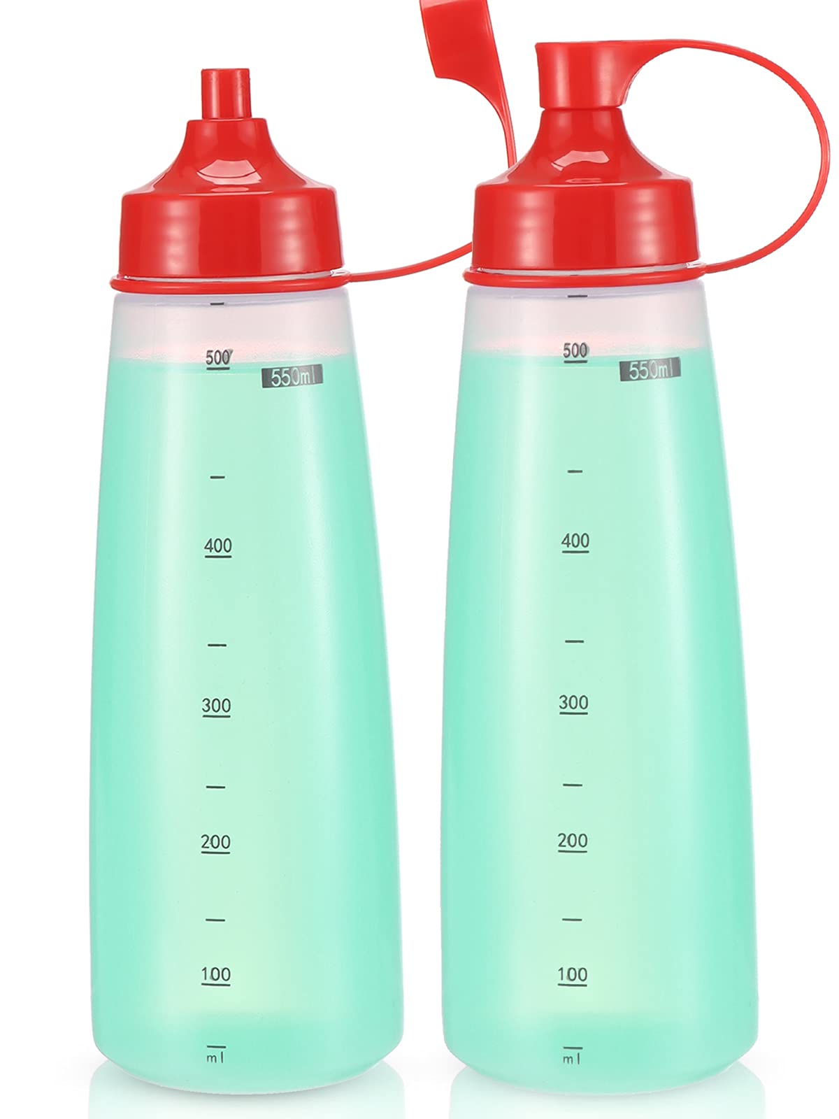 Oiununo squeeze bottles wide mouth two-pack red cap attached for easy pouring of chunky sauces.