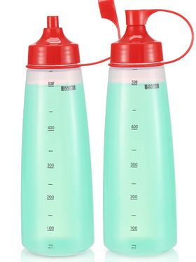 Oiununo squeeze bottles wide mouth two-pack red cap attached for easy pouring of chunky sauces.