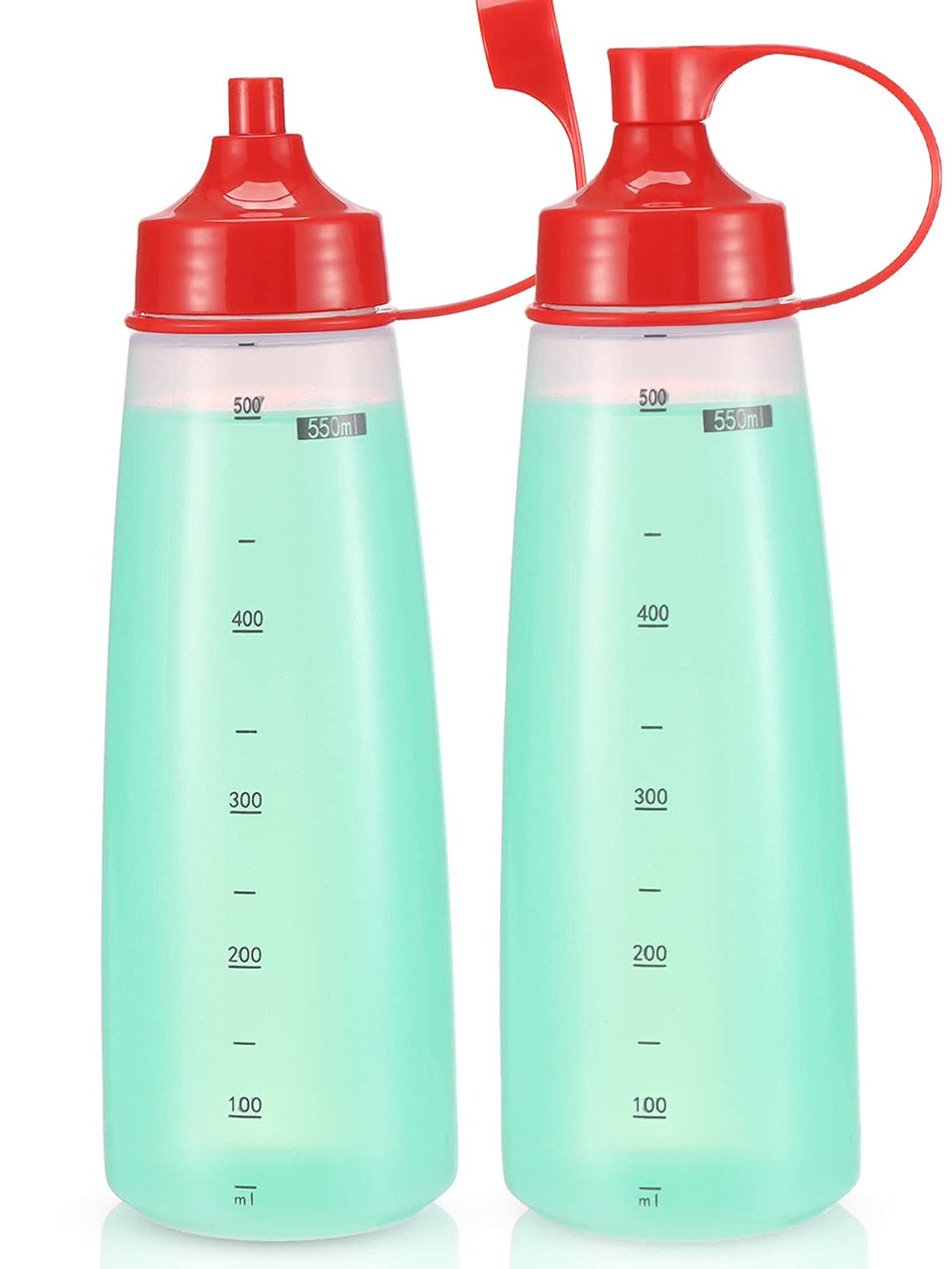 Oiununo squeeze bottles wide mouth two-pack red cap attached for easy pouring of chunky sauces.
