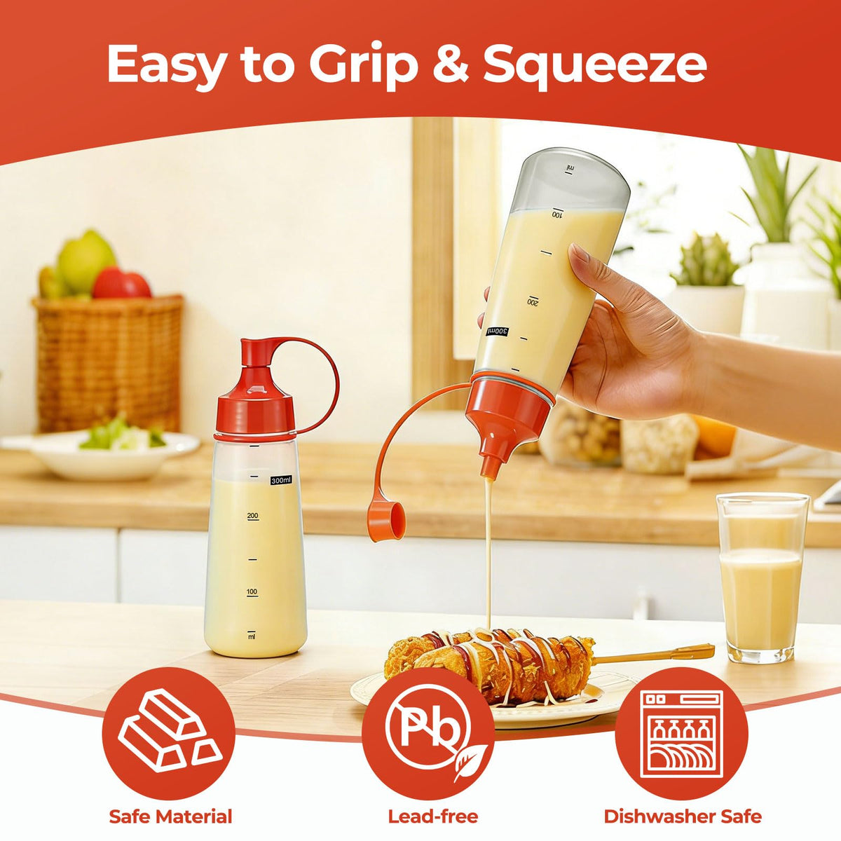 Oiununo squeeze bottles wide mouth two-pack red leak-proof spiral design.