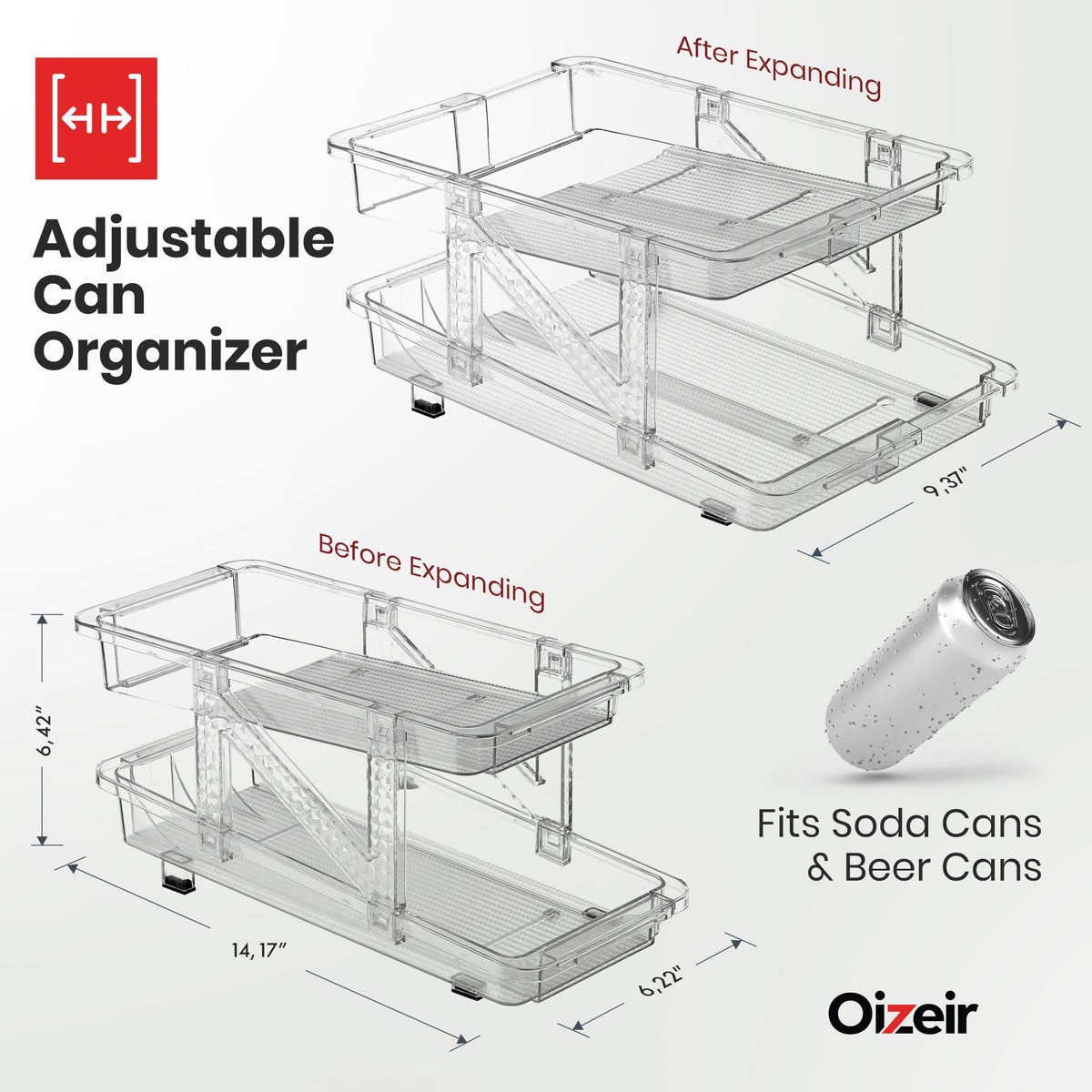 Oizeir 2-pack soda can organizer side view showing adjustable fit.