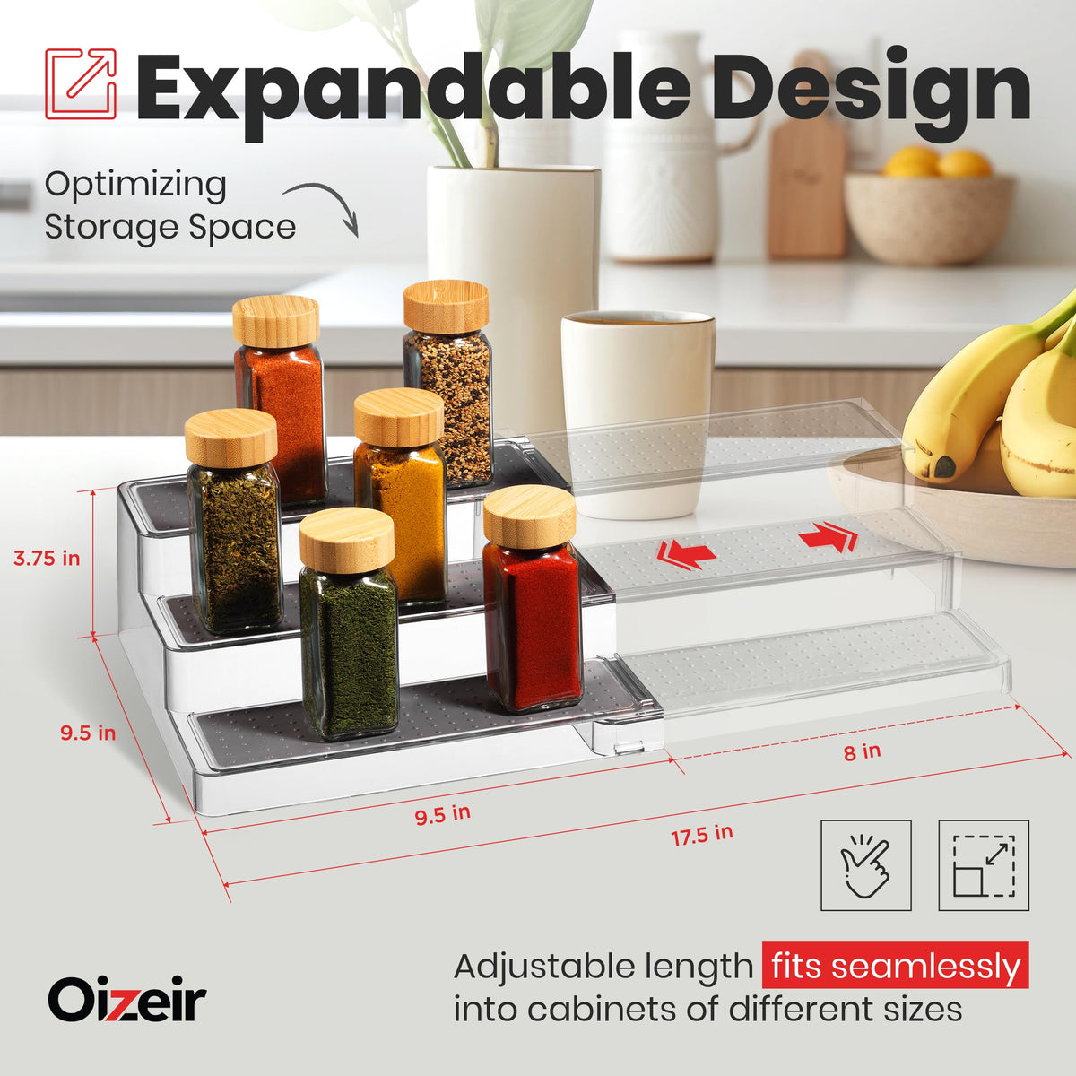 Oizeir 3-tier clear shelf keeps spices visible for quick access.