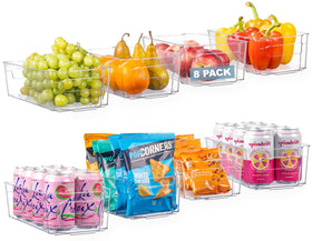 Oizeir 8-pack clear storage bins with handles for pantry and fridge.