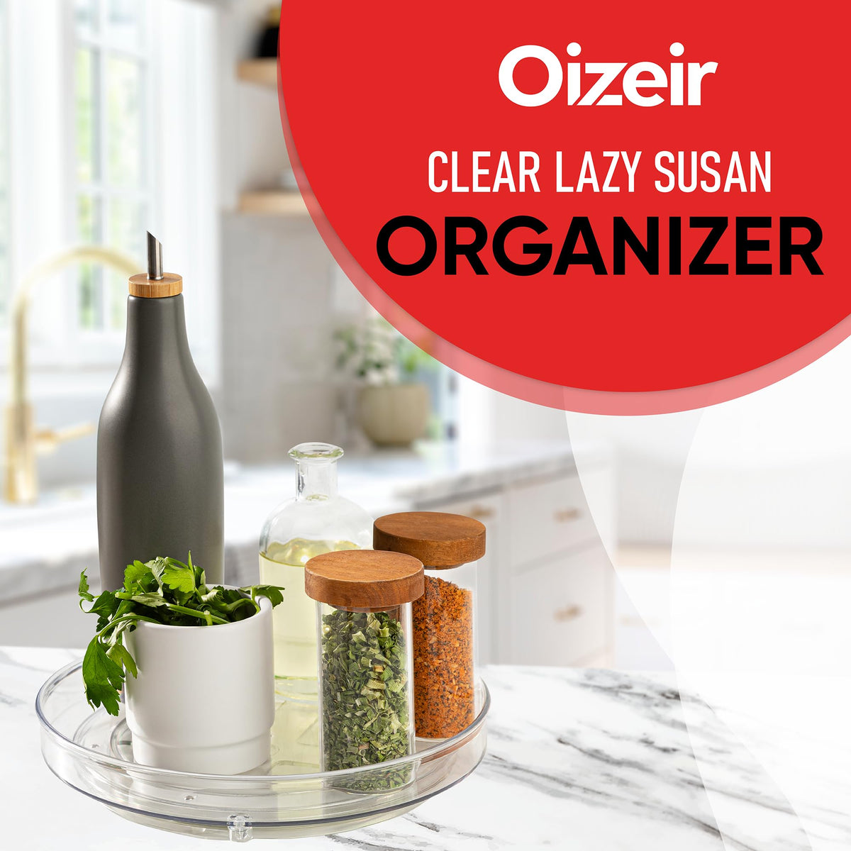 Oizeir Clear Lazy Susan Turntable top-view on pantry shelf improves condiment access