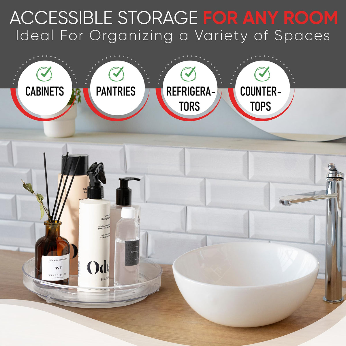 Oizeir Clear Lazy Susan Turntable beside vanity for makeup