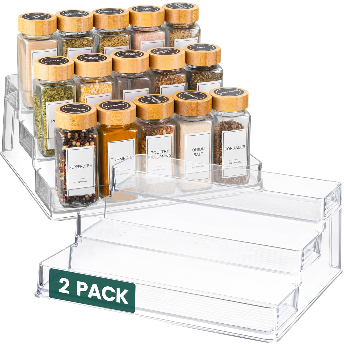 Oizeir Clear Spice Rack 2-pack front view keeps spices neatly organized and accessible.