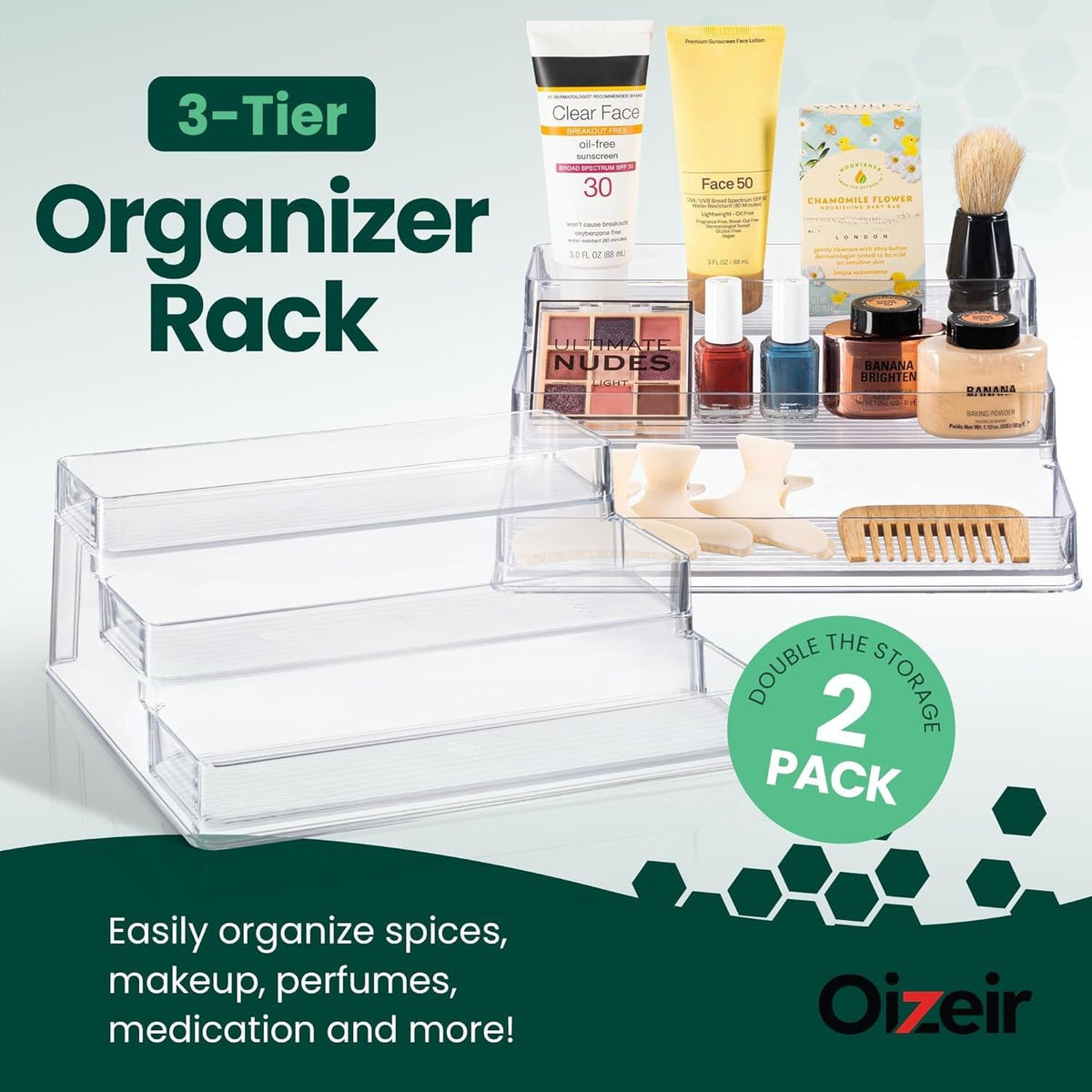 Oizeir Clear Spice Rack 3-tier inside cabinet showcases deep shelves for bulky bottles.