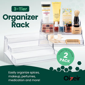Oizeir Clear Spice Rack 3-tier inside cabinet showcases deep shelves for bulky bottles.