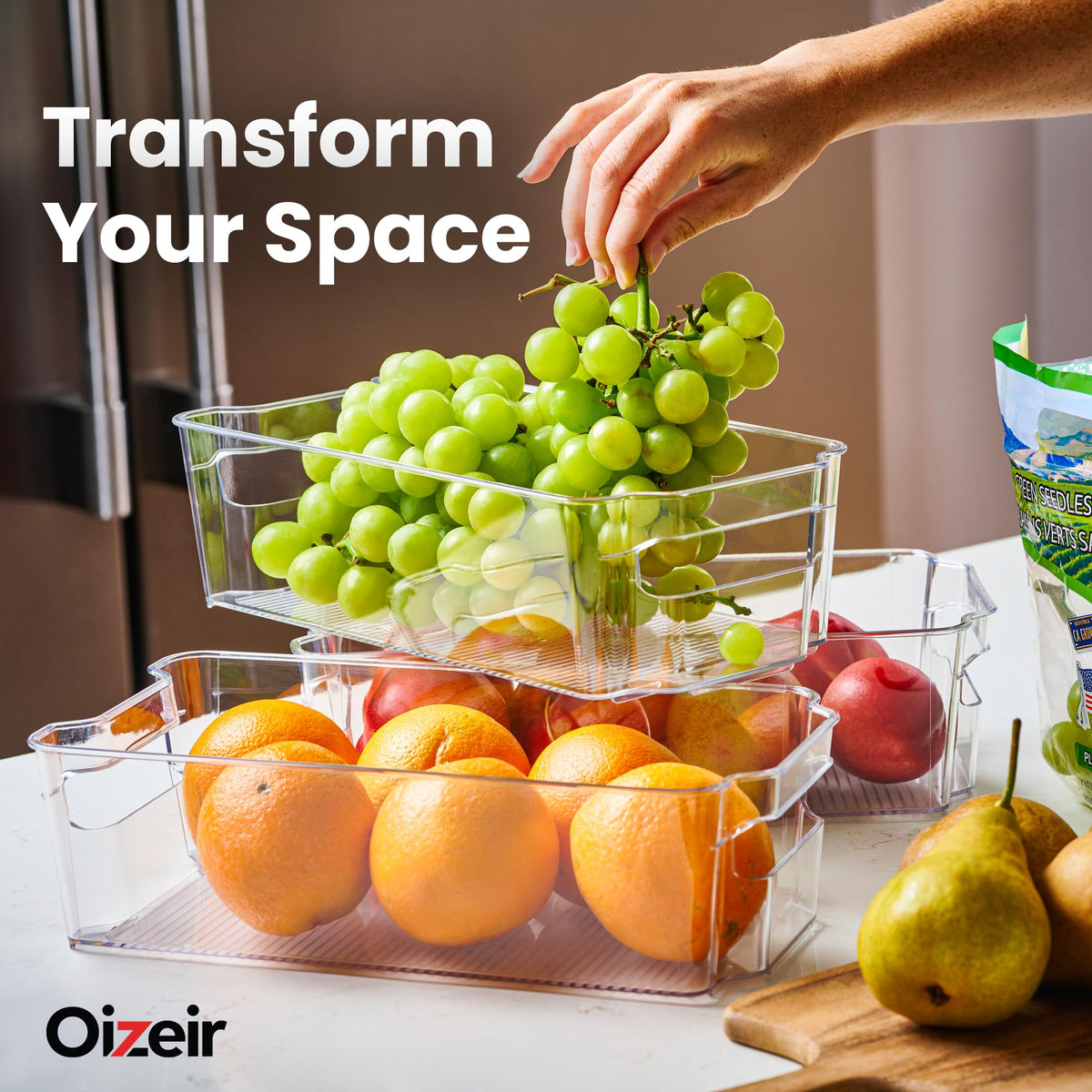 Oizeir spill-free, easy-clean storage bins for kitchen and freezer.