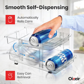 Oizeir expandable soda can dispenser with labeled parts showing quick assembly steps.