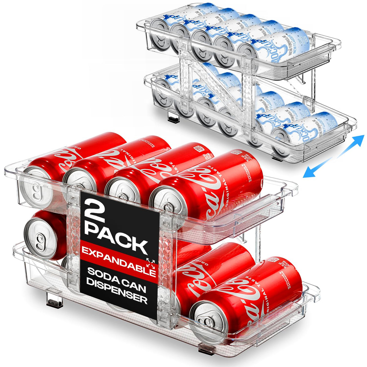 Oizeir expandable soda can dispenser in-fridge with smooth rolling access for easy drinks.