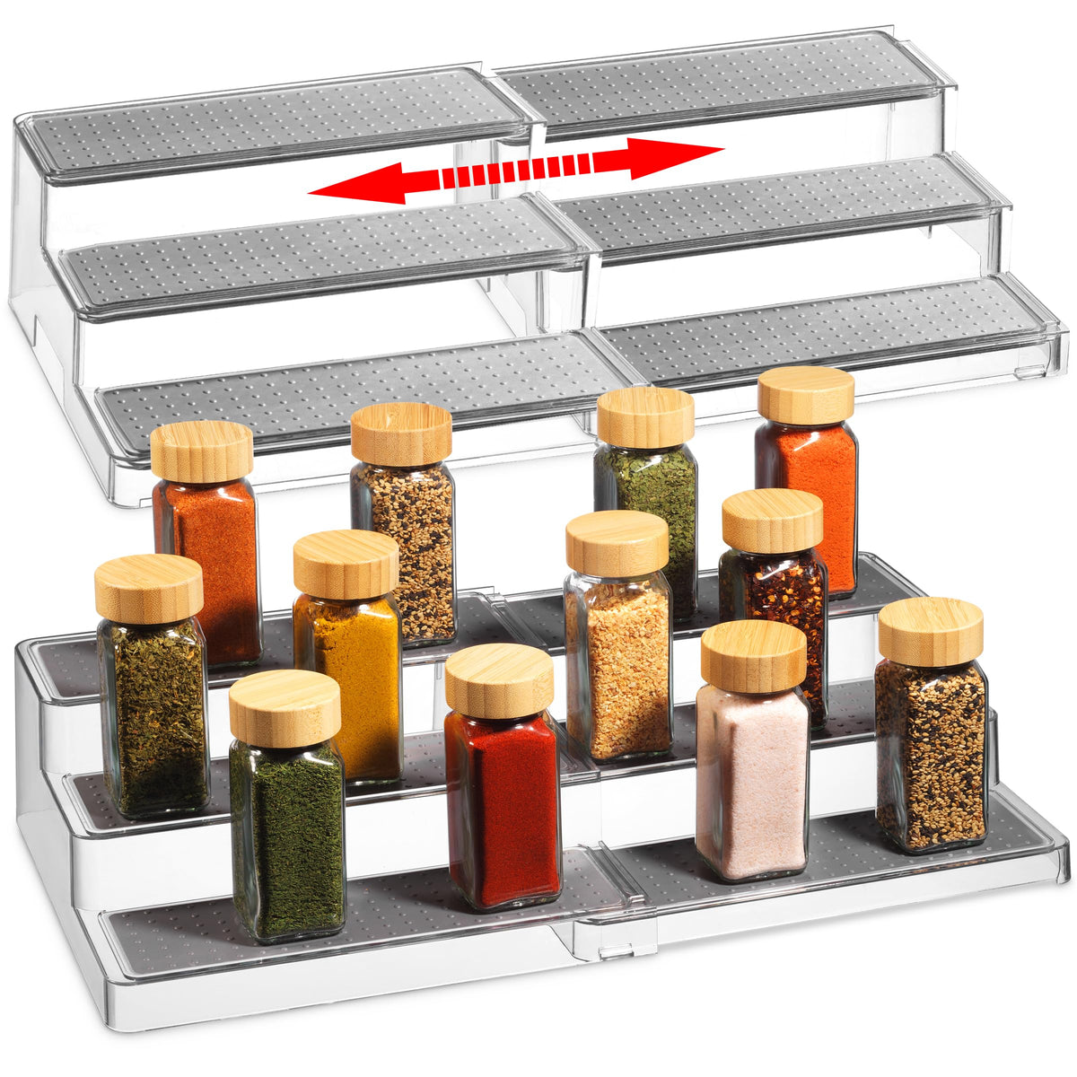 Oizeir expandable spice rack 2-pack offers flexible cabinet fit and organized shelves.