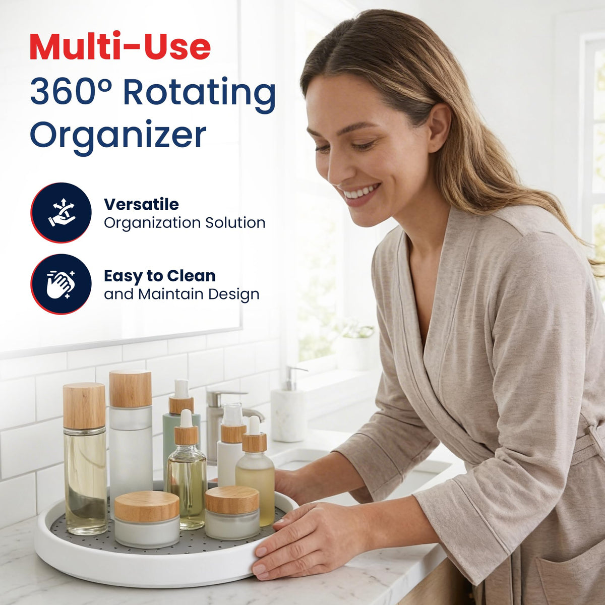 Oizeir Lazy Susan non-slip-top grips containers during rotation