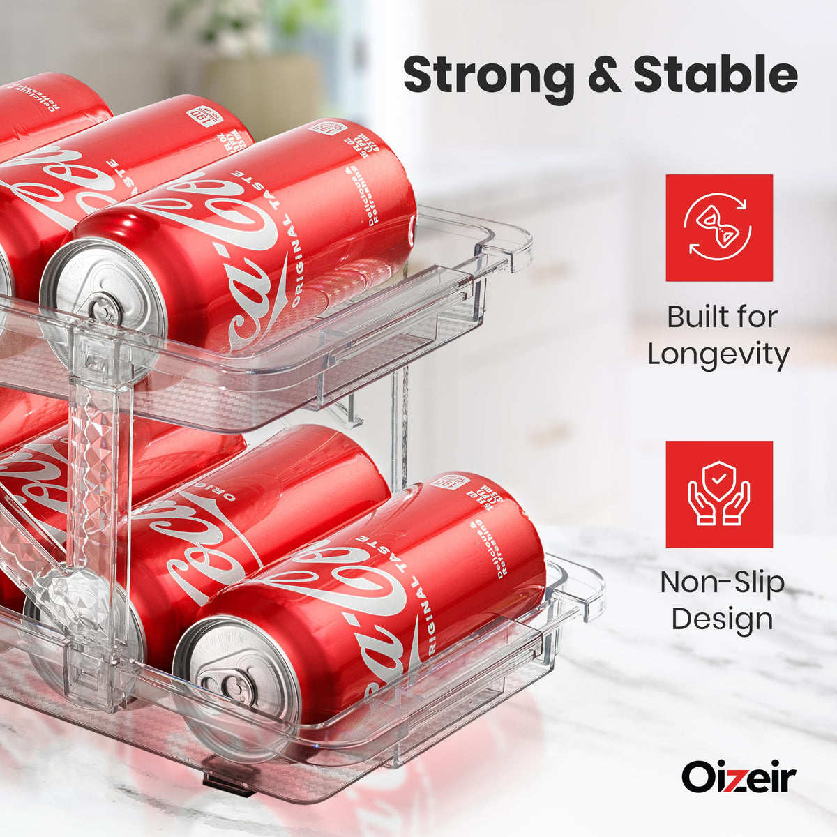 Oizeir multi-purpose storage rack holding cans, bottles, and pantry items.