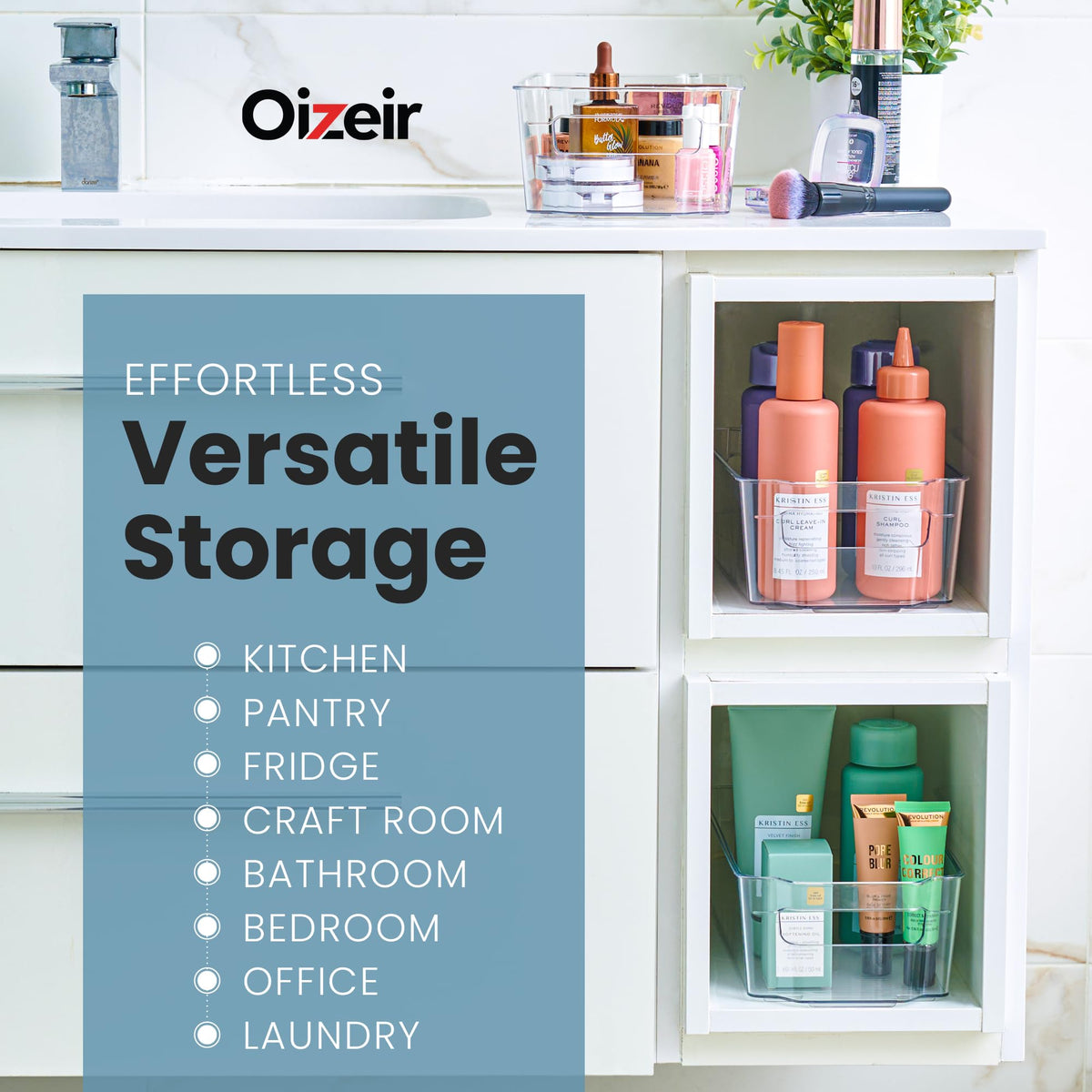 Oizeir pantry and cabinet organizers keep snacks neatly arranged.