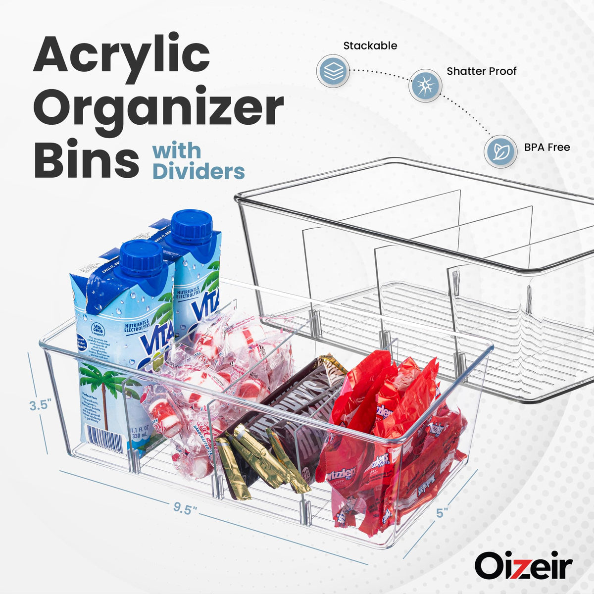 Oizeir fridge bin with removable dividers for flexible storage.