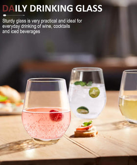 OJA comfortable-grip stemless glasses fit comfortably in hand during gatherings.