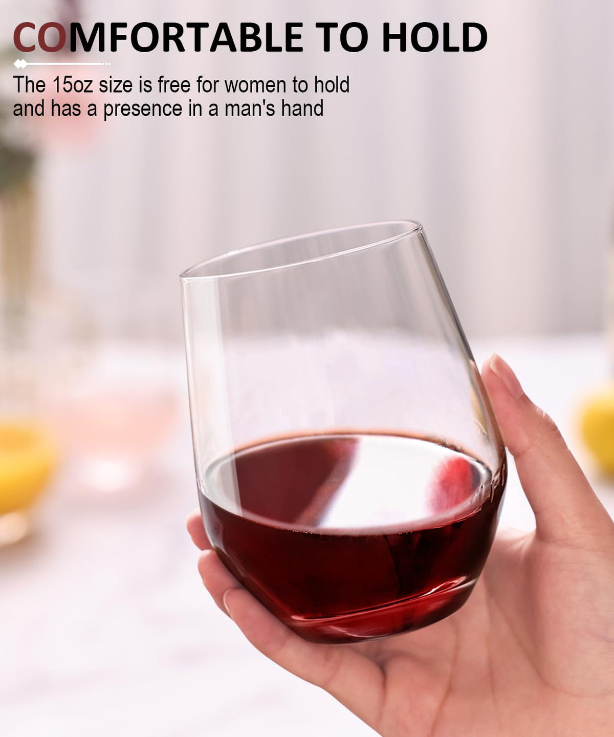 OJA crystal-clear stemless wine glasses highlight clarity for everyday hosting.
