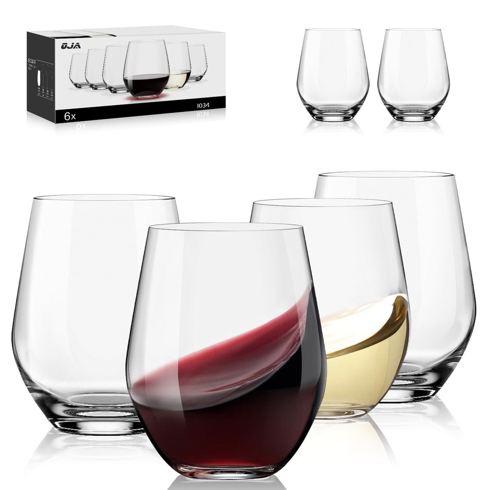 OJA stemless 15oz wine glasses set in crystal clear finish for daily use.