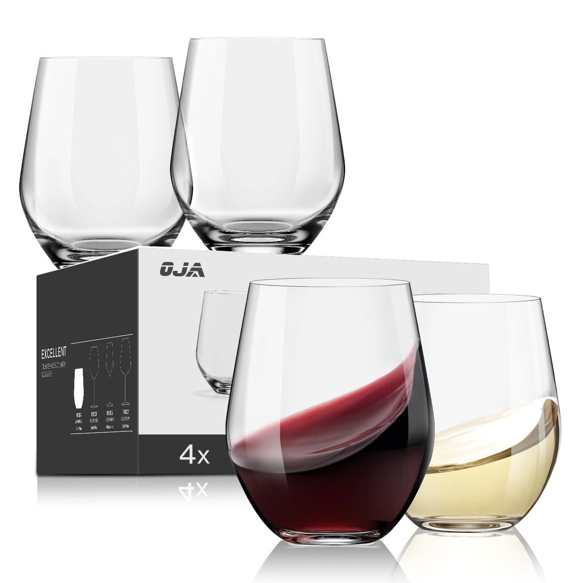 OJA stemless wine glasses 4-set 15oz in crystal for elegant table service