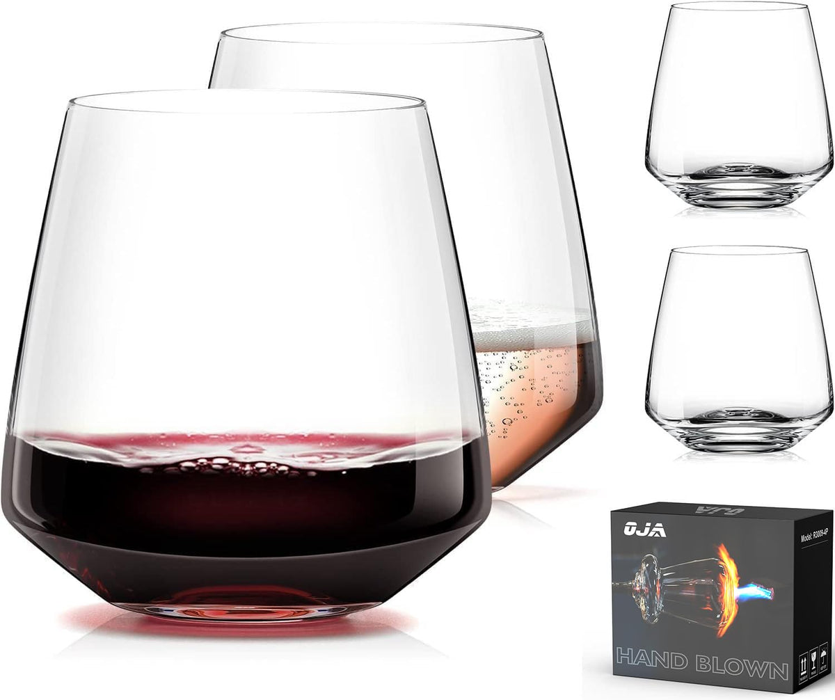 Elegant OJA stemless wine glasses set of 4, 13.5oz, ideal for red and white wines.