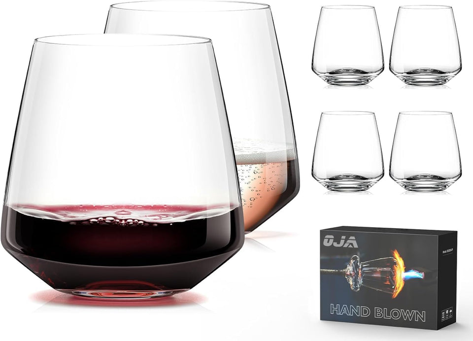 OJA stemless wine glasses 6-pack, 13.5oz, ideal for everyday entertaining.