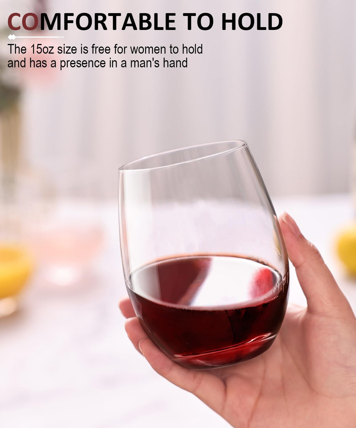 OJA stemless glasses offer ergonomic grip for comfortable, easy pouring