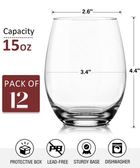 OJA 15oz stemless glass with thick base resists tipping during gatherings