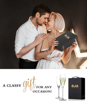 OJA tulip-design champagne glasses, enhances bubbles and aroma.