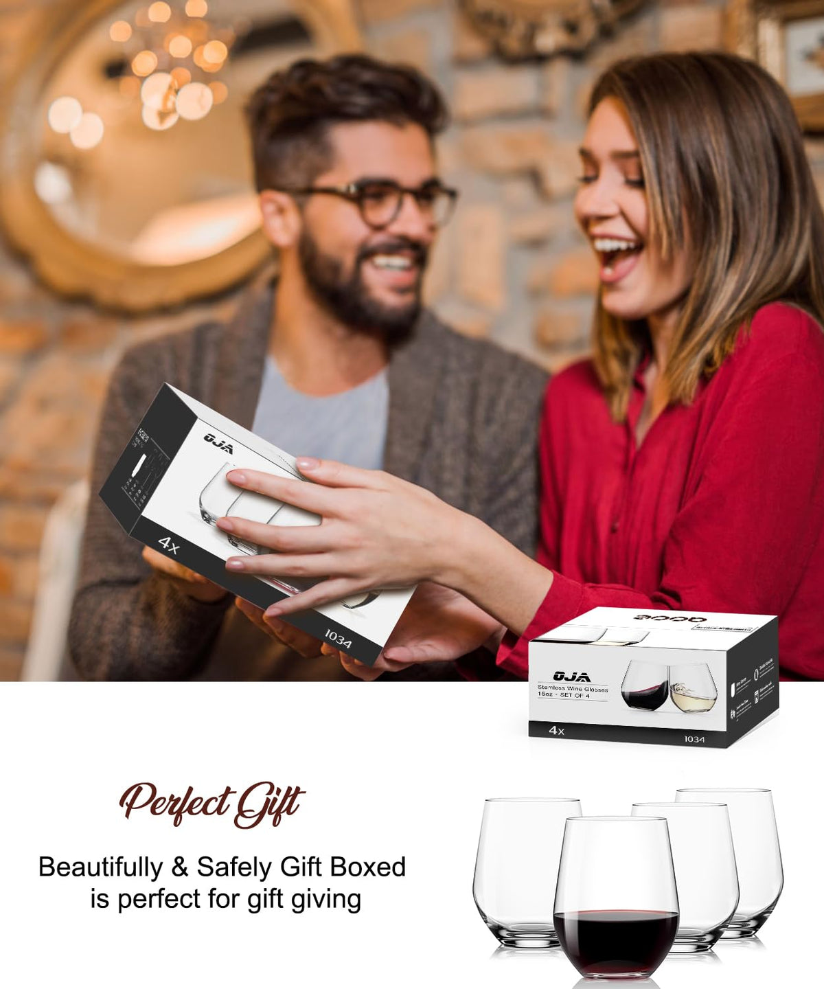 OJA wedding or event gift wine glasses presented as a stylish, practical keepsake