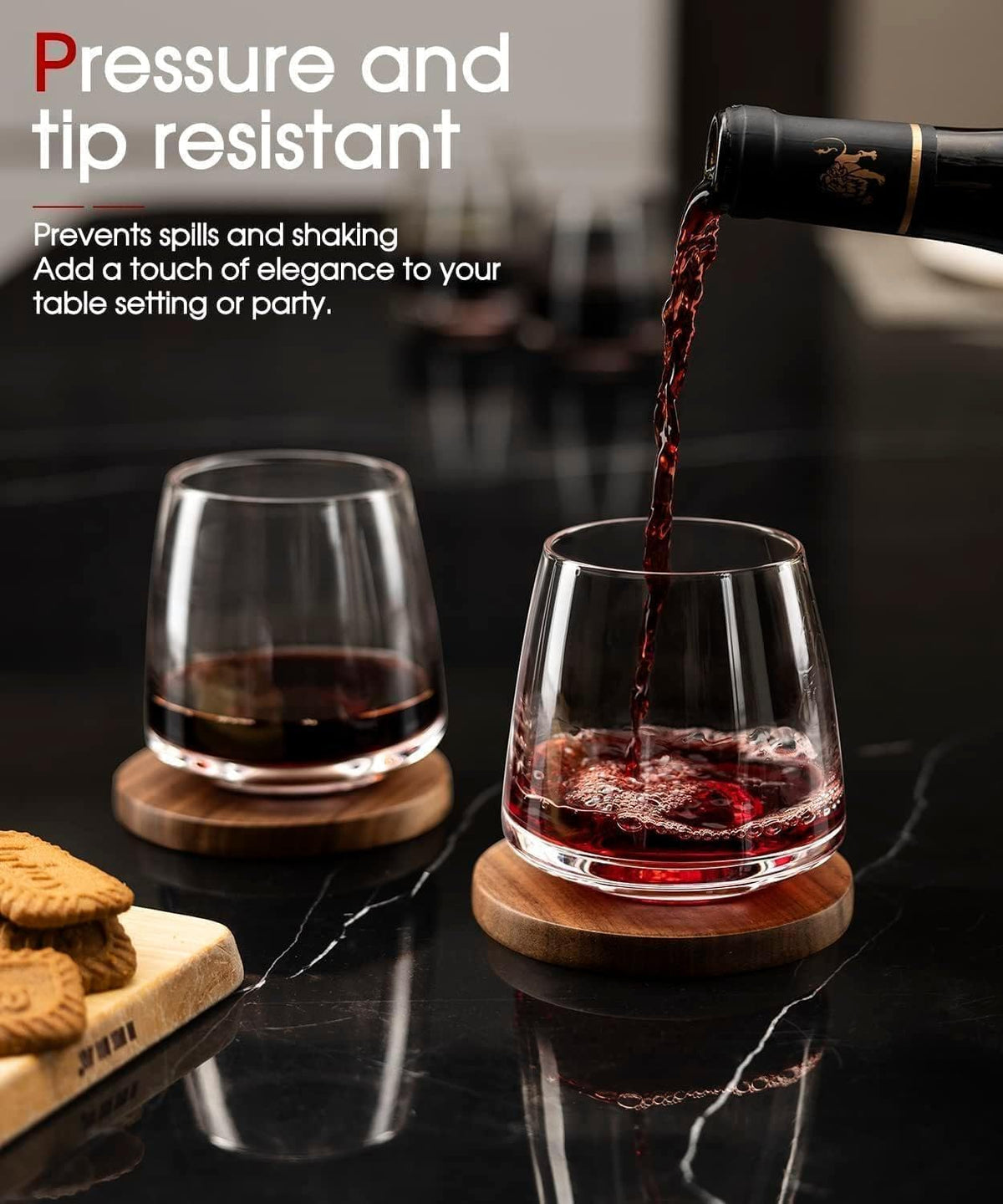 OJA wine glasses with wide base reduce spills and wobble.