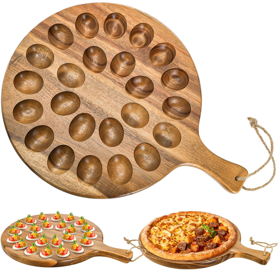 Okllen 24-holes deviled egg platter top view shows organized serving with rustic acacia wood