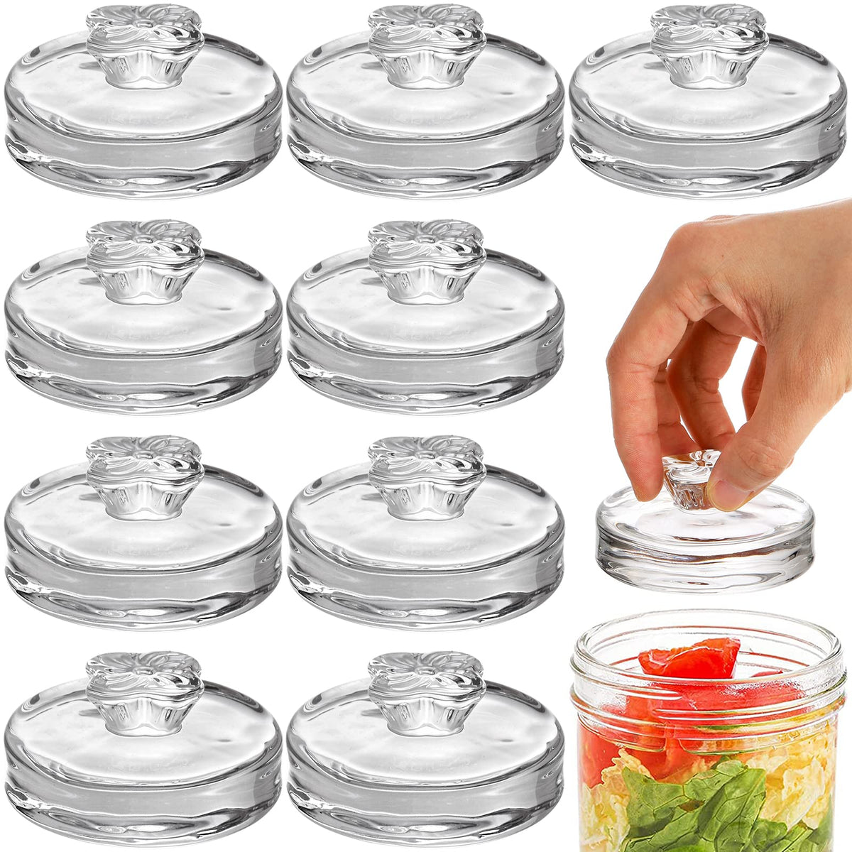 Okllen glass fermentation weights in wide-mouth jar keeping vegetables submerged for crisp ferments.