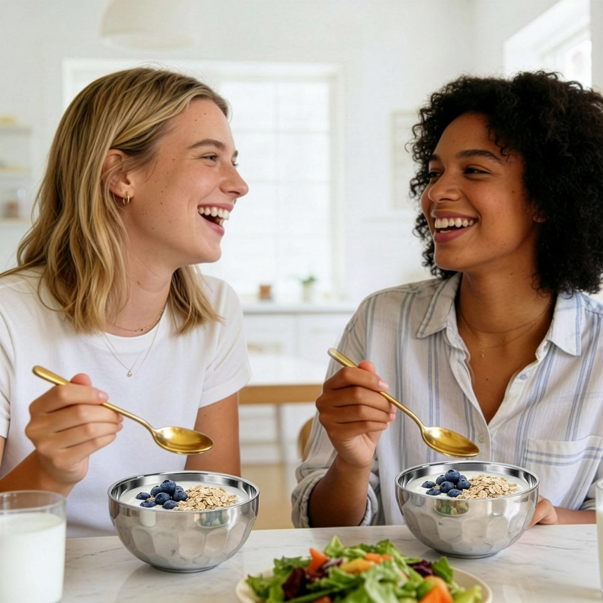 Okllen bowls serving fruit and snacks in a kitchen setting