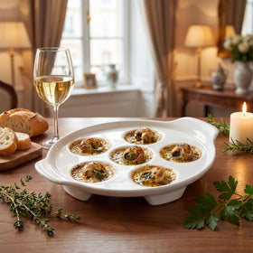 Okllen white ceramic escargot set suits home, kitchen, or restaurant.