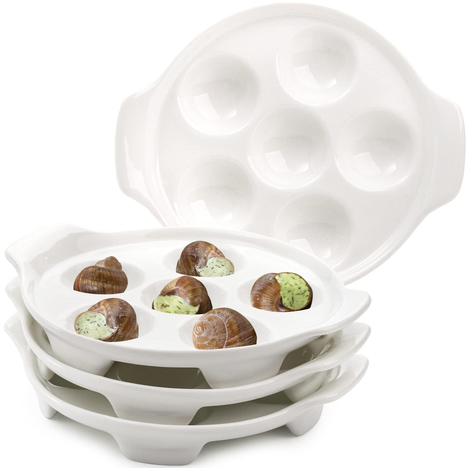 Okllen escargot dish with six holes and six-point-five-inch footprint for elegant at-table servings.