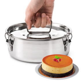 Okllen flan mold with lid and handle showcasing 65 oz capacity for Instant Pot cooking.
