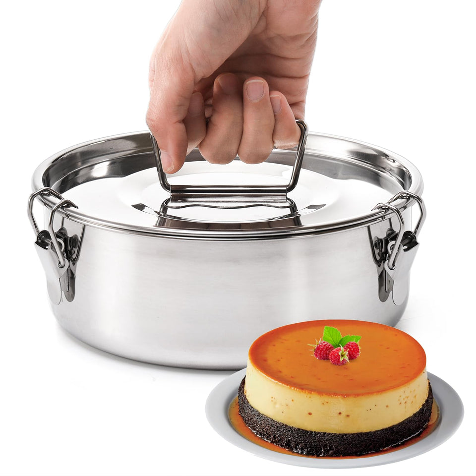 Okllen flan mold with lid and handle showcasing 65 oz capacity for Instant Pot cooking.