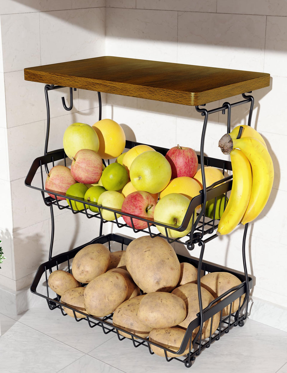OKZEST 3-tier fruit basket with wood top displayed on kitchen counter for fresh fruit accessibility